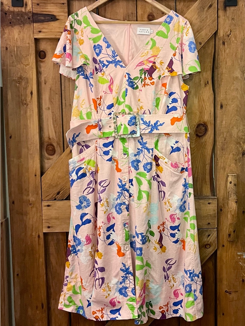 Tanya Taylor Pink Multicolor Floral Belted Midi Dress Size 14